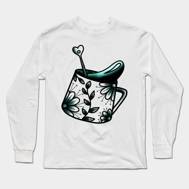 Folk tea cup with a heart teaspoon with flowers and leaves, botanical cute gift Long Sleeve T-Shirt by AnanasArt